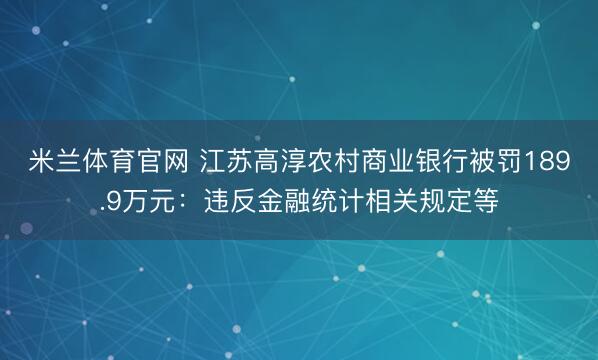 米兰体育官网 江苏高淳农村商业银行被罚189.9万元：违反金融统计相关规定等